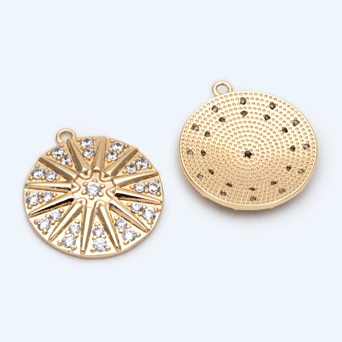 4pcs Gold Sun Disk Charms 20x18mm, 18K Gold plated Brass, CZ pave Sun Disc Pendants (GB-1232-E)