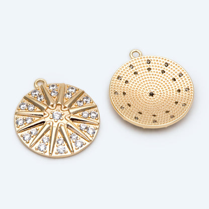 4pcs Gold Sun Disk Charms 20x18mm, 18K Gold plated Brass, CZ pave Sun Disc Pendants (GB-1232-E)