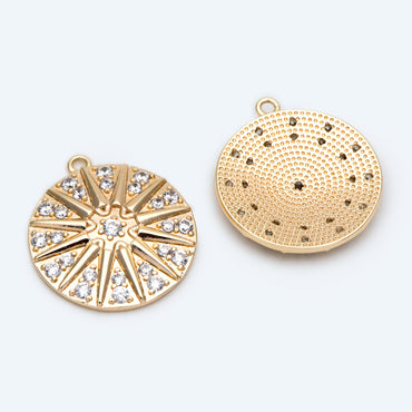 4pcs Gold Sun Disk Charms 20x18mm, 18K Gold plated Brass, CZ pave Sun Disc Pendants (GB-1232-E)