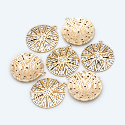 4pcs Gold Sun Disk Charms 20x18mm, 18K Gold plated Brass, CZ pave Sun Disc Pendants (GB-1232-E)