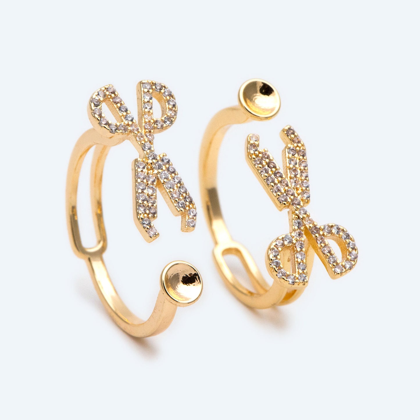 4pcs CZ Pave Gold Scissor Ring With Peg For Pearls Beads, Ring Finding (#JZ-038)