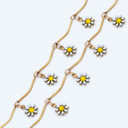 Enamel Flower Chain, Daisy Chain, Unplated Raw Brass Designer Chain 6mm, White Enamel Flowers (#LK-478-1)/ 1 Meter=3.3ft