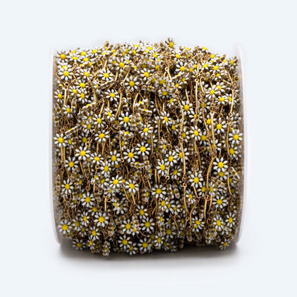 Enamel Flower Chain, Daisy Chain, Unplated Raw Brass Designer Chain 6mm, White Enamel Flowers (#LK-478-1)/ 1 Meter=3.3ft