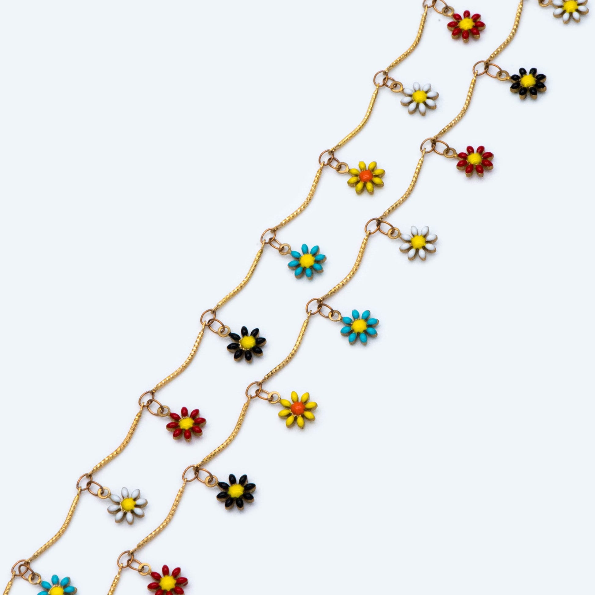 Vintage Styled Enamel Daisy Chain, Unplated Raw Brass Designer Chain 6mm, Rainbow Enamel Flowers (#LK-478-2)/ 1 Meter=3.3ft