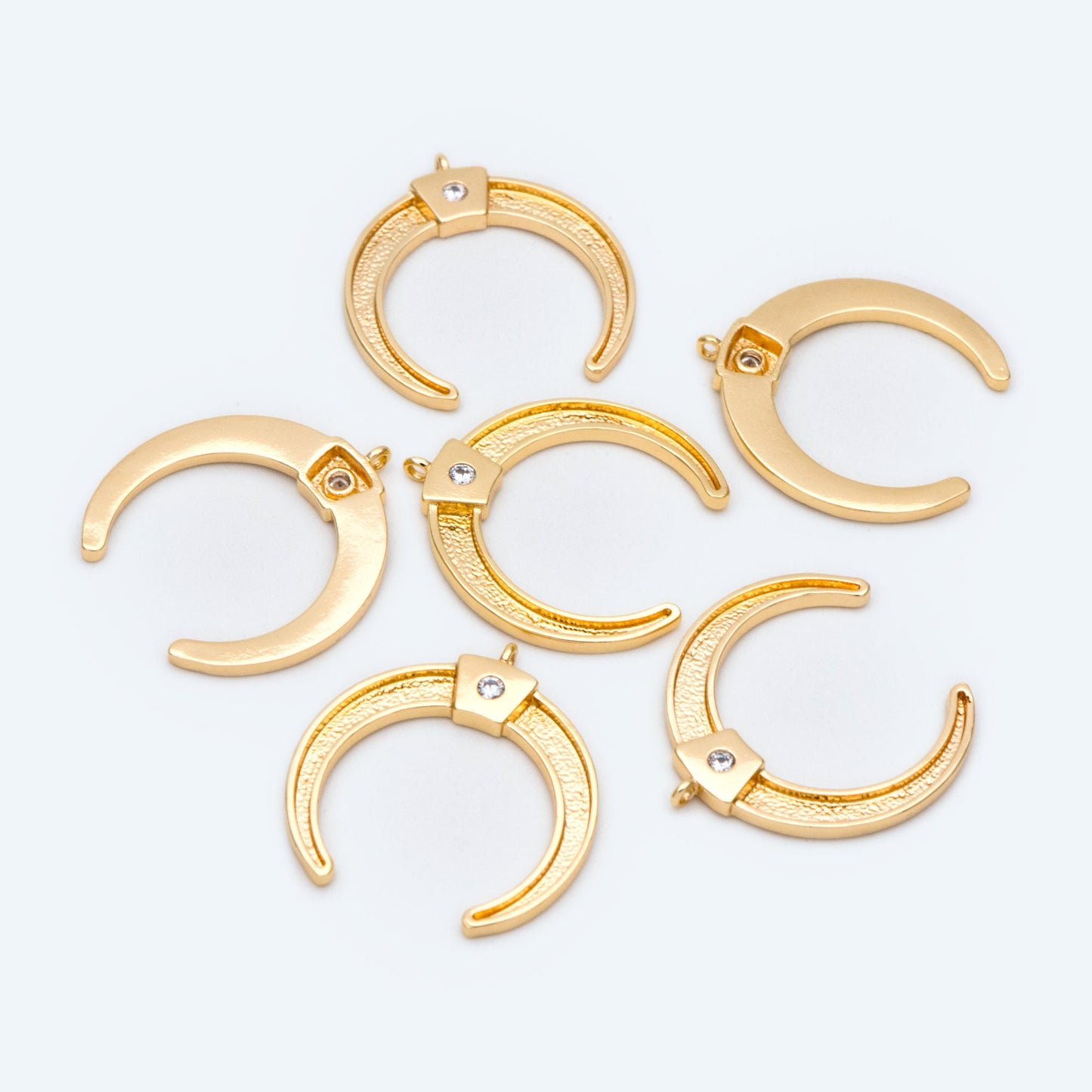 10pcs CZ pave Gold Crescent Moon Charms 15mm, 18K Gold plated Brass, OX Horn Pendant (GB-618-K)