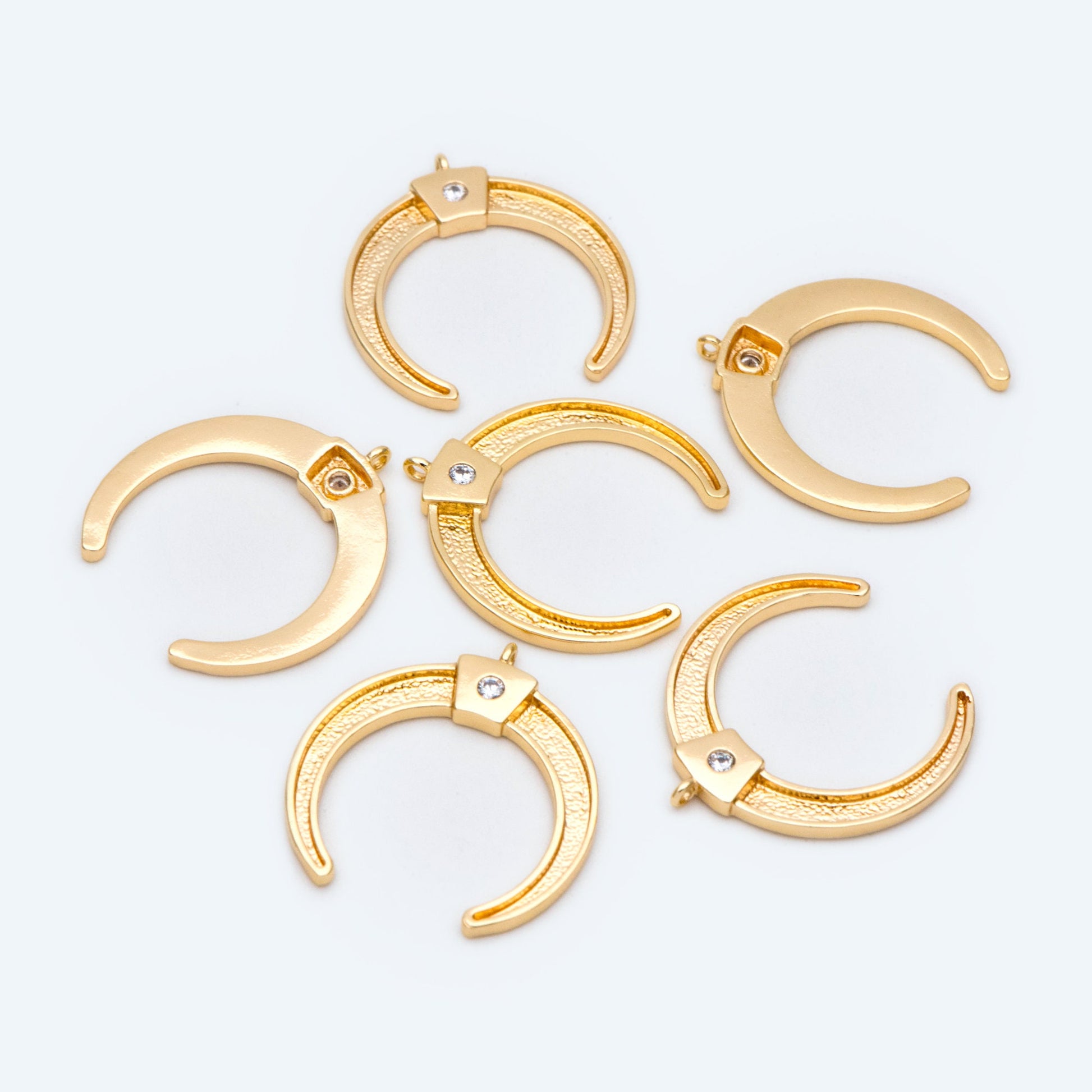 10pcs CZ pave Gold Crescent Moon Charms 15mm, 18K Gold plated Brass, OX Horn Pendant (GB-618-K)
