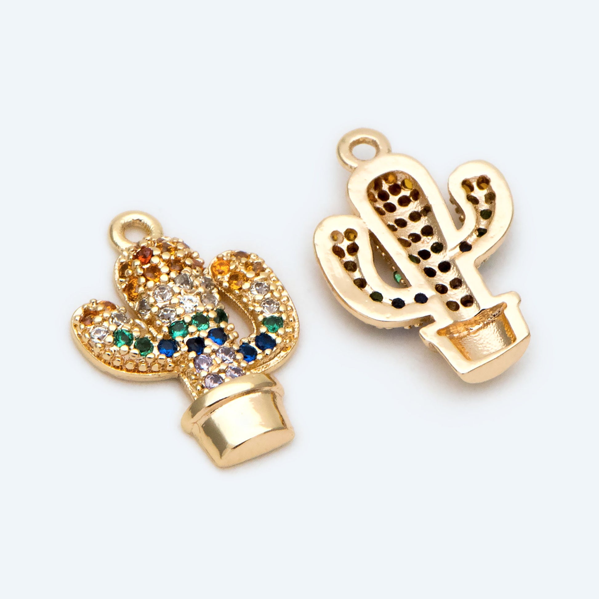 4pcs CZ Pave Cactus Charm 14x10mm, Cubic Zirconia Pave Cactus Pendant, 18K Gold plated Necklace and Earring Charms (GB-2315)