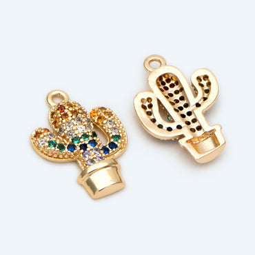 4pcs CZ Pave Cactus Charm 14x10mm, Cubic Zirconia Pave Cactus Pendant, 18K Gold plated Necklace and Earring Charms (GB-2315)