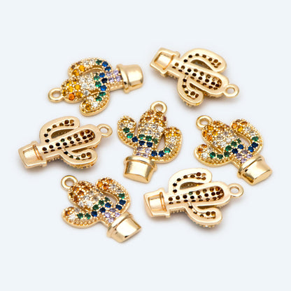 4pcs CZ Pave Cactus Charm 14x10mm, Cubic Zirconia Pave Cactus Pendant, 18K Gold plated Necklace and Earring Charms (GB-2315)