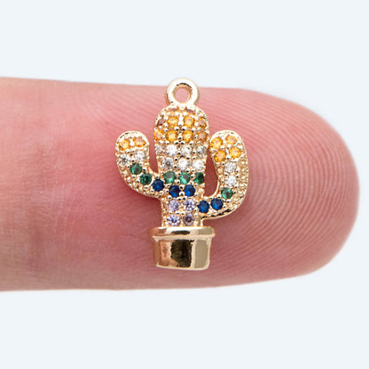 4pcs CZ Pave Cactus Charm 14x10mm, Cubic Zirconia Pave Cactus Pendant, 18K Gold plated Necklace and Earring Charms (GB-2315)