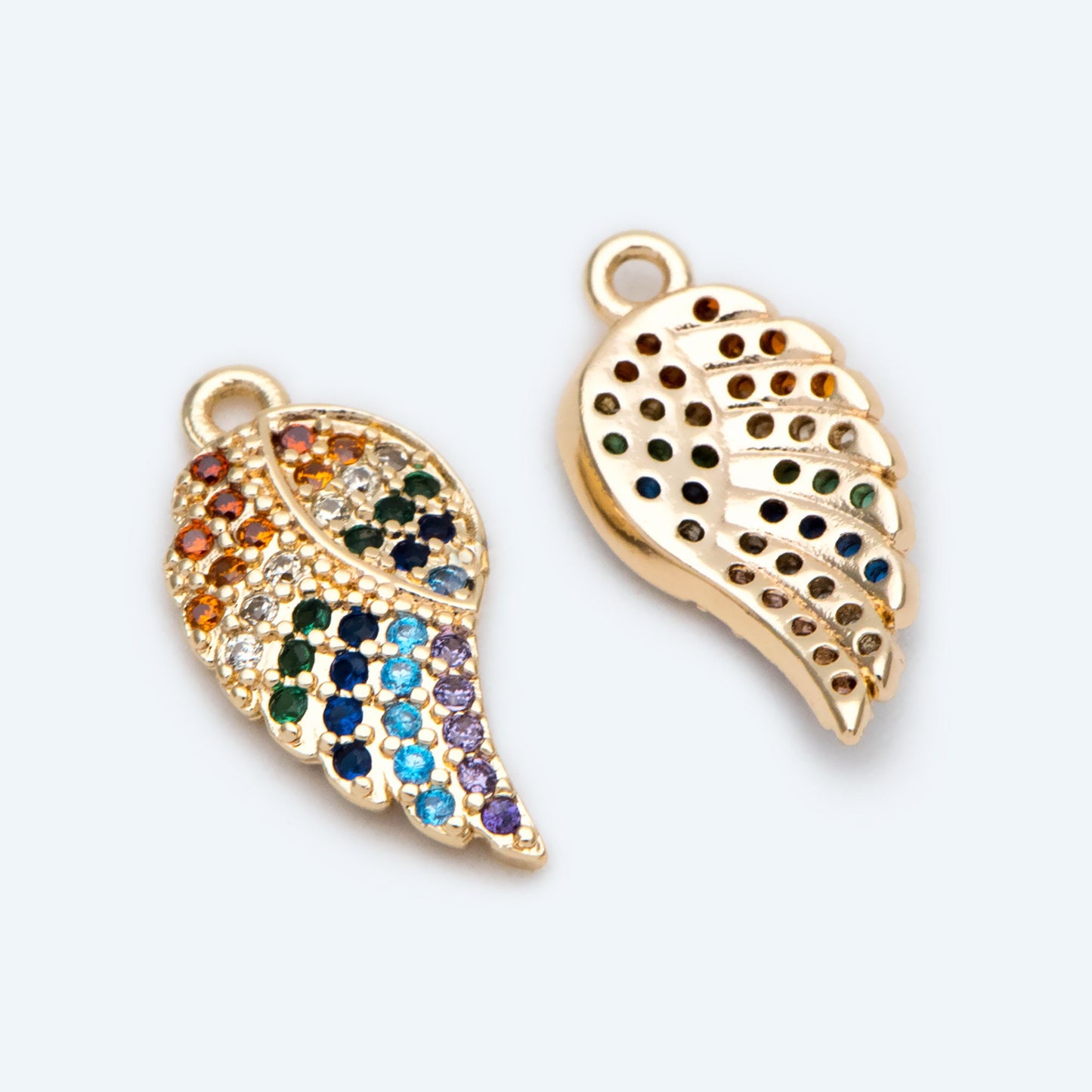 4pcs CZ Pave Gold Wing Charms 16x8mm, 18K Gold plated Brass, Rainbow Wing Pendants (GB-2321)
