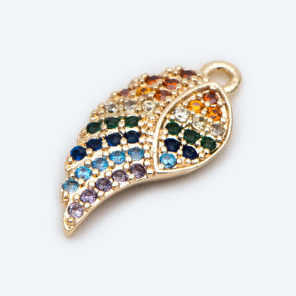 4pcs CZ Pave Gold Wing Charms 16x8mm, 18K Gold plated Brass, Rainbow Wing Pendants (GB-2321)