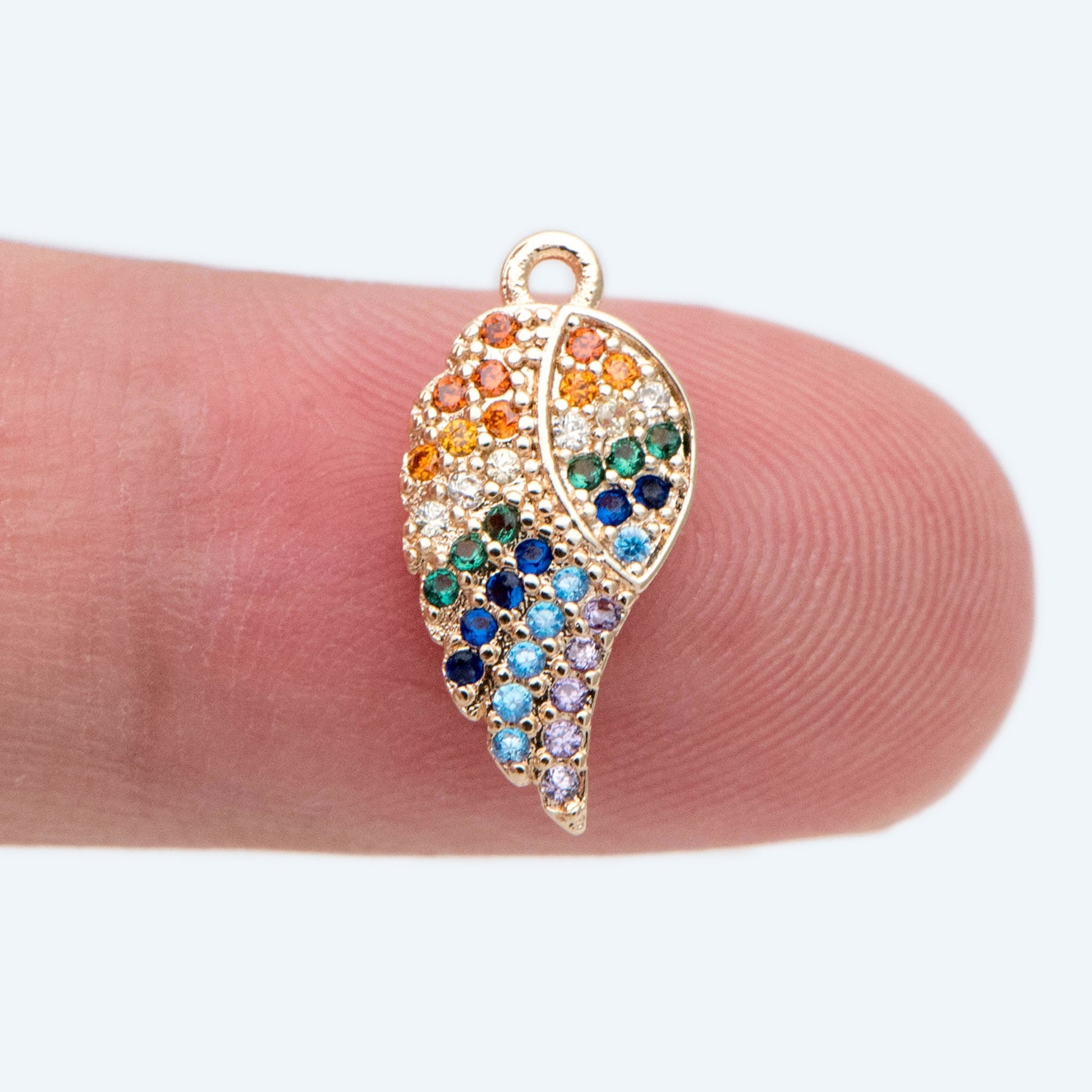 4pcs CZ Pave Gold Wing Charms 16x8mm, 18K Gold plated Brass, Rainbow Wing Pendants (GB-2321)