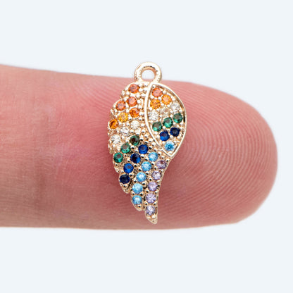 4pcs CZ Pave Gold Wing Charms 16x8mm, 18K Gold plated Brass, Rainbow Wing Pendants (GB-2321)