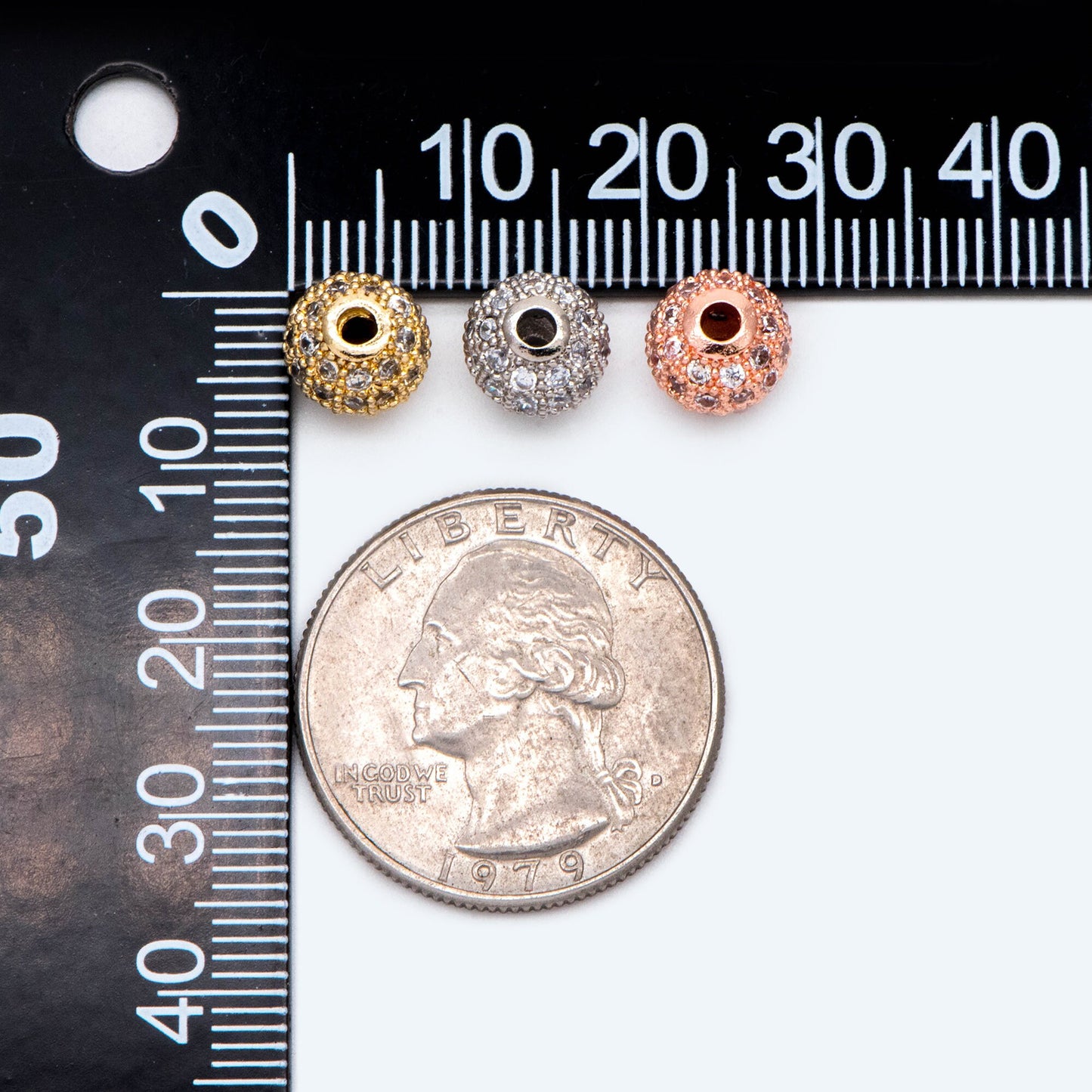 4pcs CZ pave Round Beads 8mm, Gold/ Rhodium/ Rose Gold plated Brass, Big Hole Spacer Beads (GB-2327)