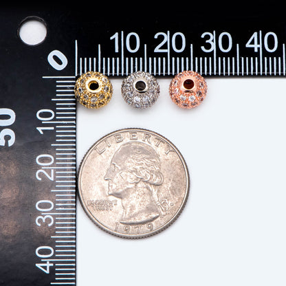 4pcs CZ pave Round Beads 8mm, Gold/ Rhodium/ Rose Gold plated Brass, Big Hole Spacer Beads (GB-2327)