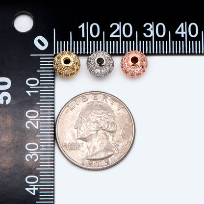 4pcs CZ pave Round Beads 8mm, Gold/ Rhodium/ Rose Gold plated Brass, Big Hole Spacer Beads (GB-2327)