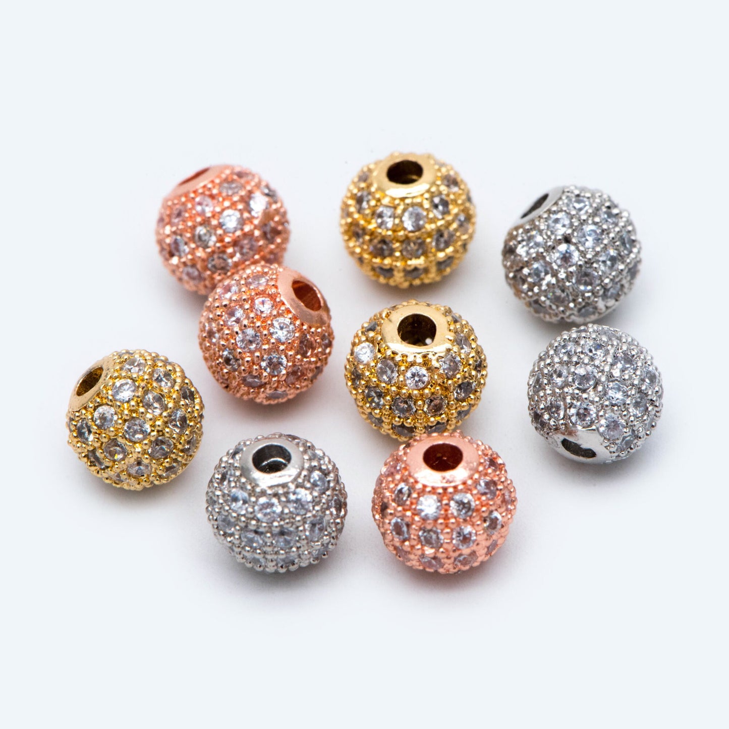 4pcs CZ pave Round Beads 8mm, Gold/ Rhodium/ Rose Gold plated Brass, Big Hole Spacer Beads (GB-2327)