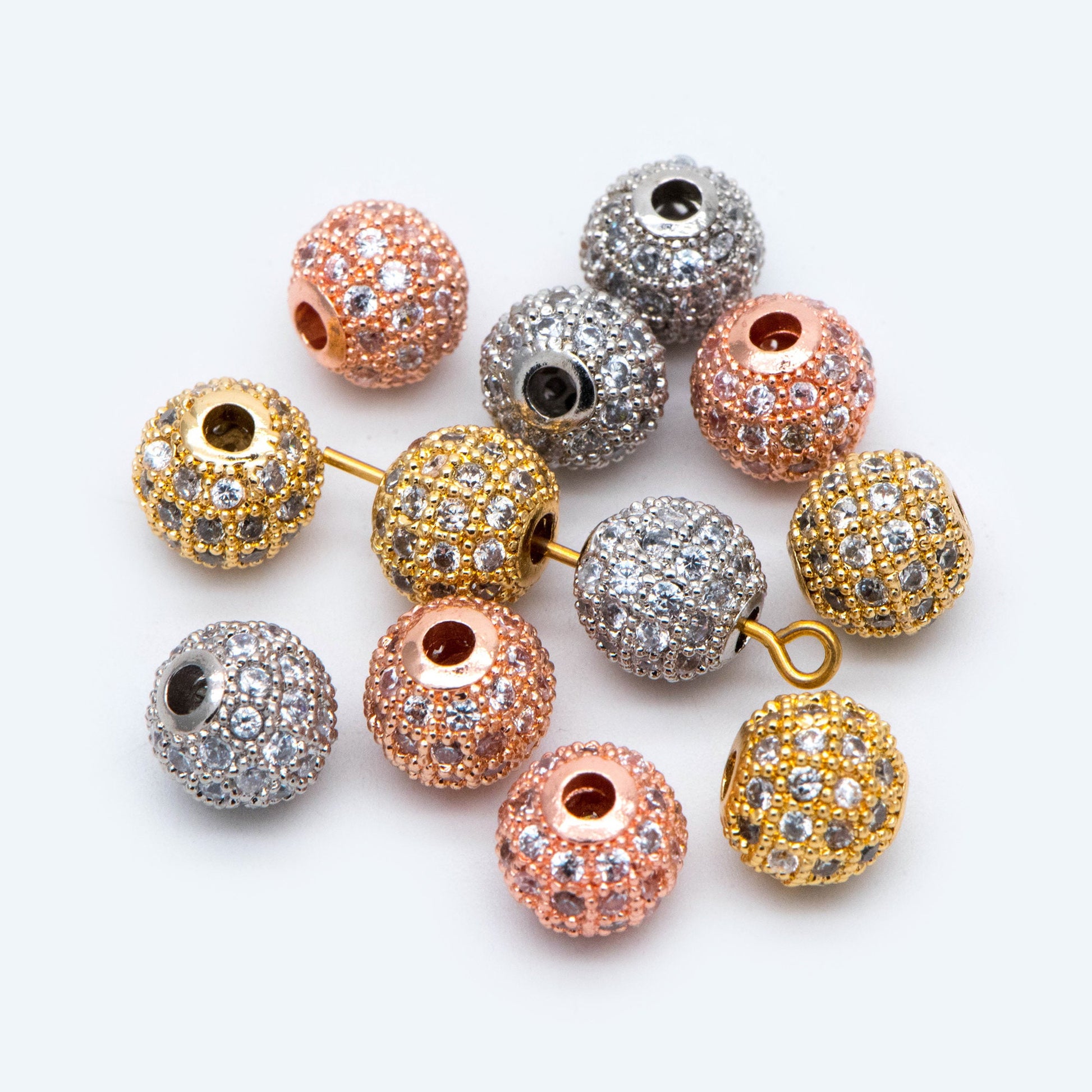 4pcs CZ pave Round Beads 8mm, Gold/ Rhodium/ Rose Gold plated Brass, Big Hole Spacer Beads (GB-2327)