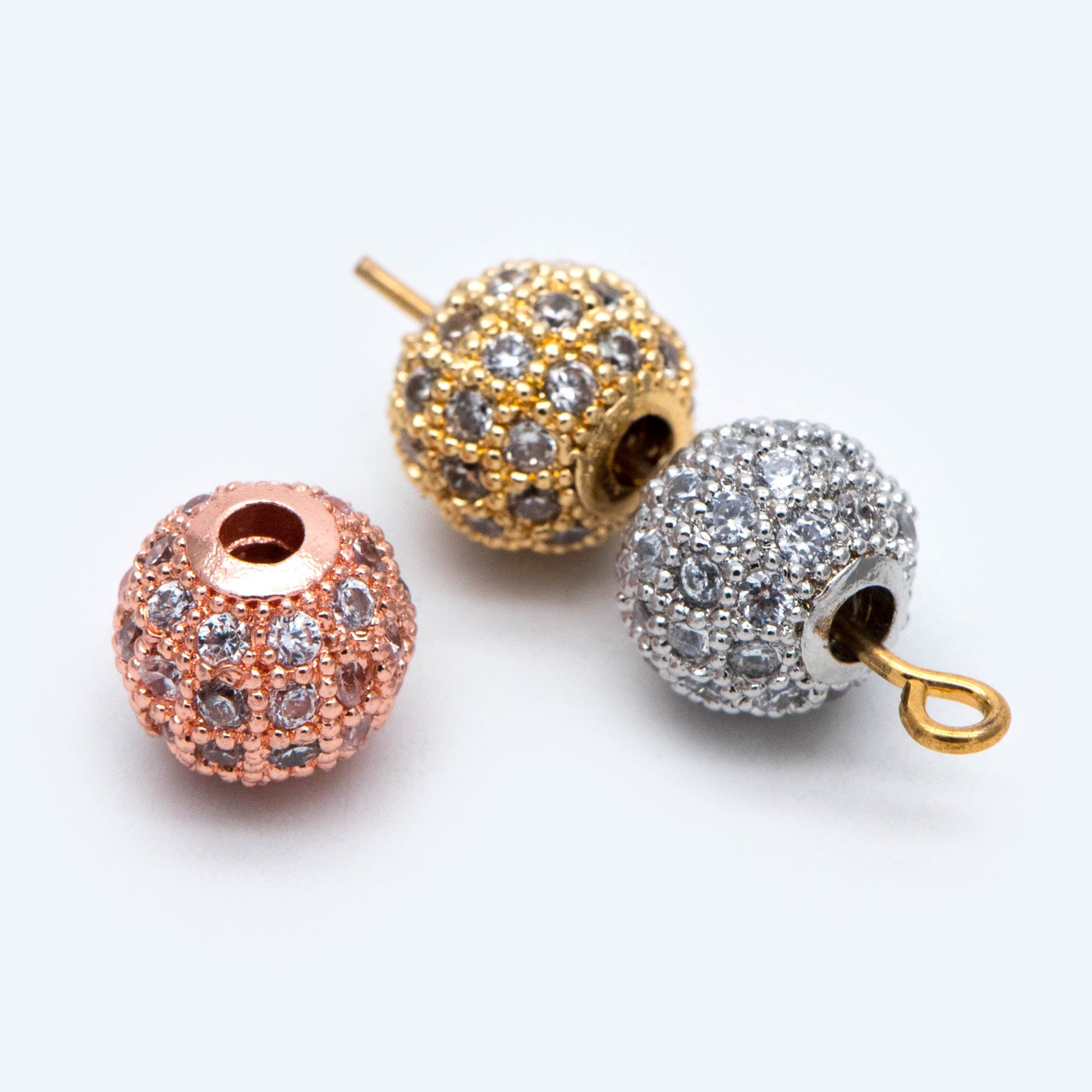 4pcs CZ pave Round Beads 8mm, Gold/ Rhodium/ Rose Gold plated Brass, Big Hole Spacer Beads (GB-2327)