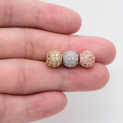 4pcs CZ pave Round Beads 8mm, Gold/ Rhodium/ Rose Gold plated Brass, Big Hole Spacer Beads (GB-2327)