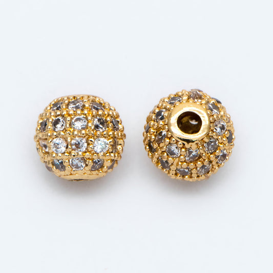4pcs CZ pave Round Beads 8mm, Gold/ Rhodium/ Rose Gold plated Brass, Big Hole Spacer Beads (GB-2327)