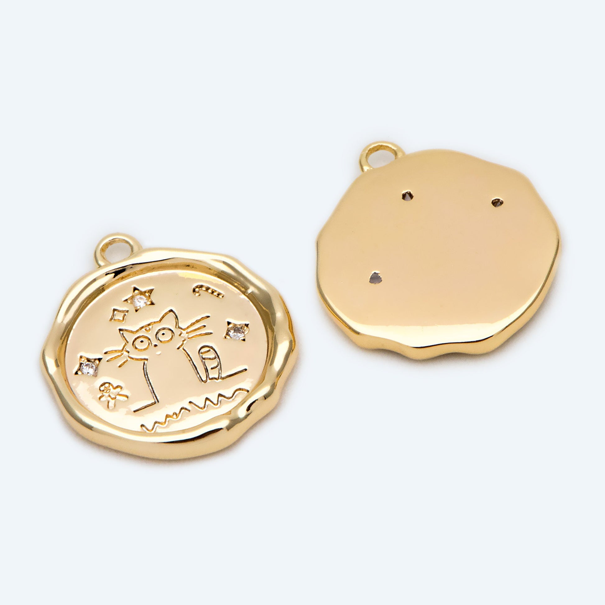 4pcs CZ Pave Gold Wax Seal Stamp Cat Charms, 15mm, 18K Gold plated Brass, Disk Pendants (GB-2507-D)