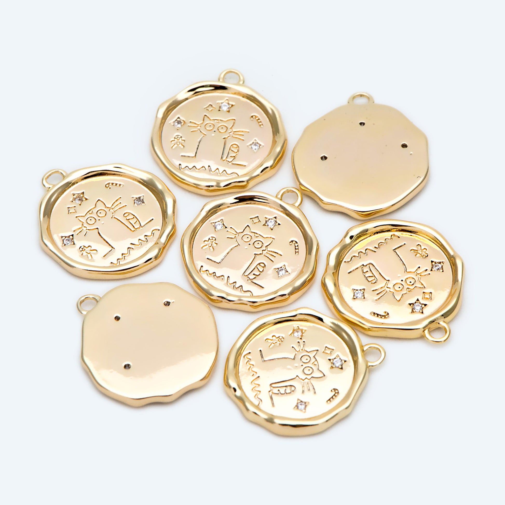 4pcs CZ Pave Gold Wax Seal Stamp Cat Charms, 15mm, 18K Gold plated Brass, Disk Pendants (GB-2507-D)