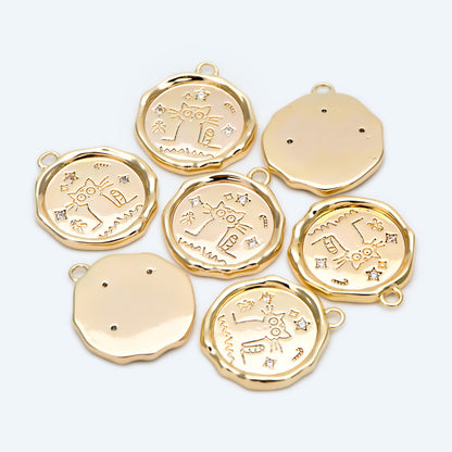4pcs CZ Pave Gold Wax Seal Stamp Cat Charms, 15mm, 18K Gold plated Brass, Disk Pendants (GB-2507-D)