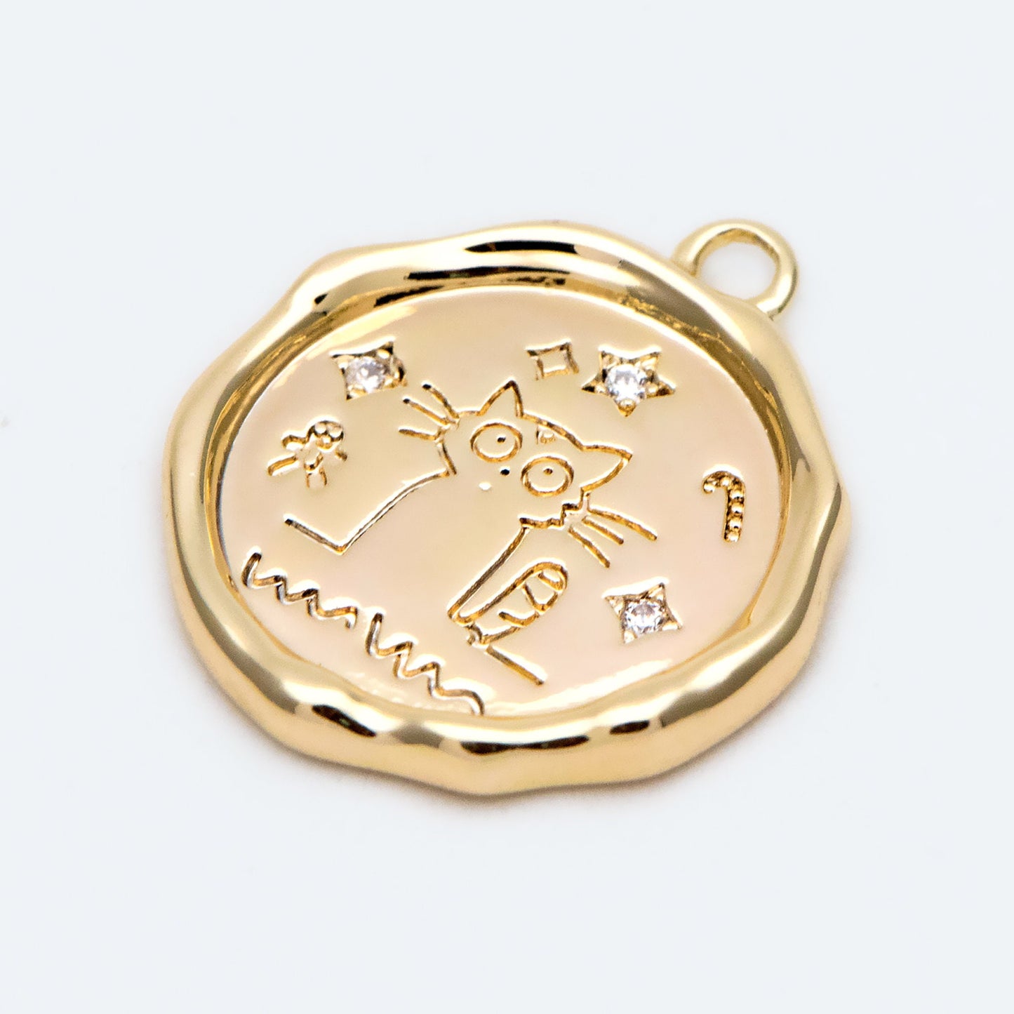 4pcs CZ Pave Gold Wax Seal Stamp Cat Charms, 15mm, 18K Gold plated Brass, Disk Pendants (GB-2507-D)