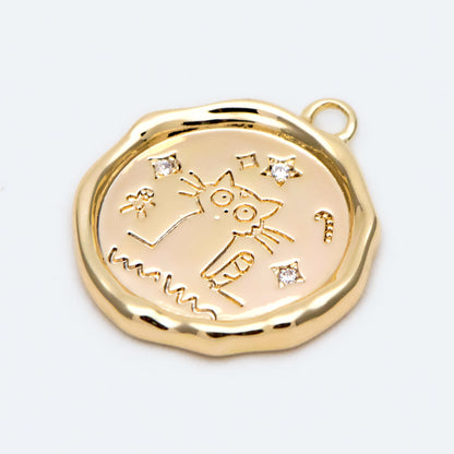 4pcs CZ Pave Gold Wax Seal Stamp Cat Charms, 15mm, 18K Gold plated Brass, Disk Pendants (GB-2507-D)