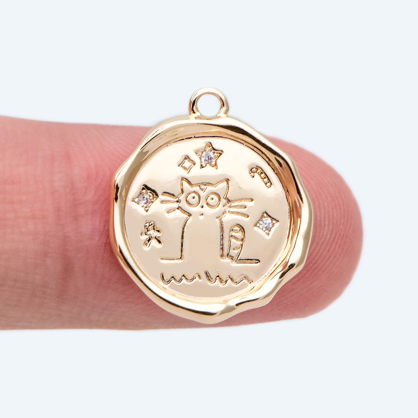 4pcs CZ Pave Gold Wax Seal Stamp Cat Charms, 15mm, 18K Gold plated Brass, Disk Pendants (GB-2507-D)