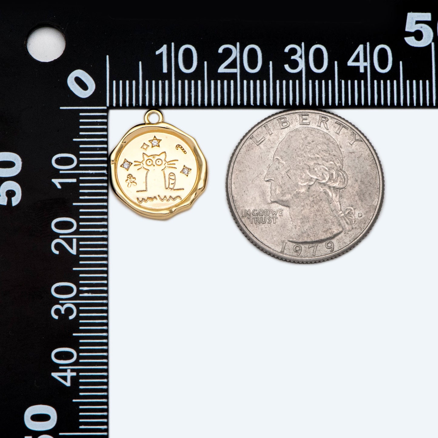 4pcs CZ Pave Gold Wax Seal Stamp Cat Charms, 15mm, 18K Gold plated Brass, Disk Pendants (GB-2507-D)