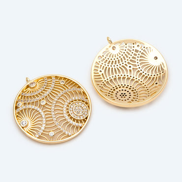 4pcs CZ pave Hollow Round Charm, 18K Gold plated Brass, Filigree Round Pendants (GB-2356)