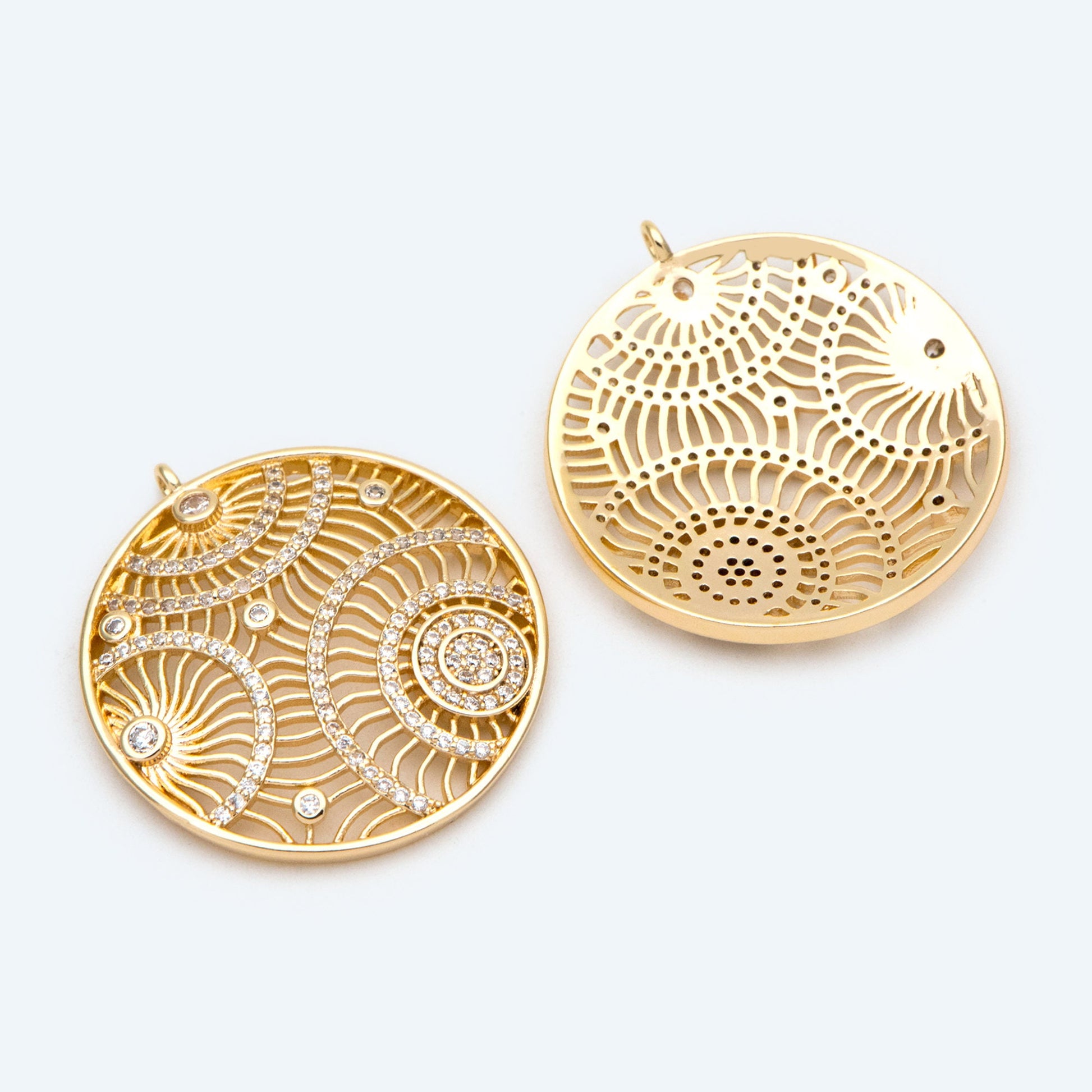 4pcs CZ pave Hollow Round Charm, 18K Gold plated Brass, Filigree Round Pendants (GB-2356)