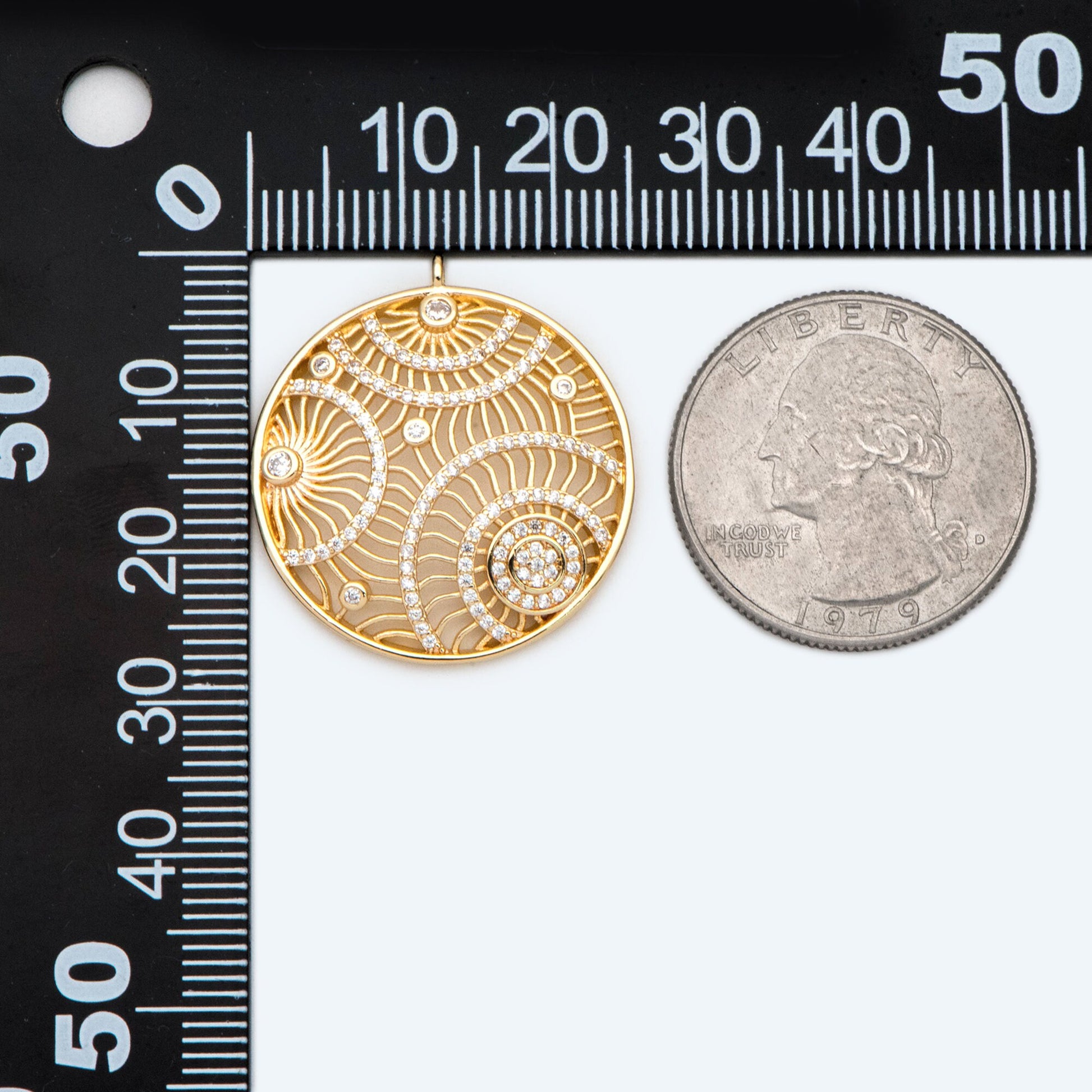 4pcs CZ pave Hollow Round Charm, 18K Gold plated Brass, Filigree Round Pendants (GB-2356)