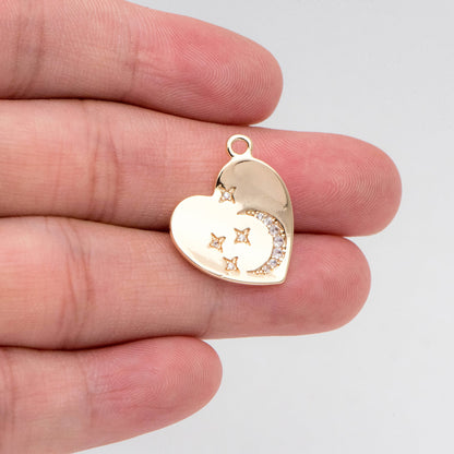 4pcs CZ pave Heart Charms, 18K Gold plated Brass, Heart Pendants with Star and Moon (GB-2277)