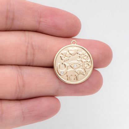 4pcs CZ Pave Round Coin Charms 20x22mm, 18K Gold plated Brass Disc Pendants, with Eye/ Elephant/ Clover/ Heart Symbol (GB-1766-D)