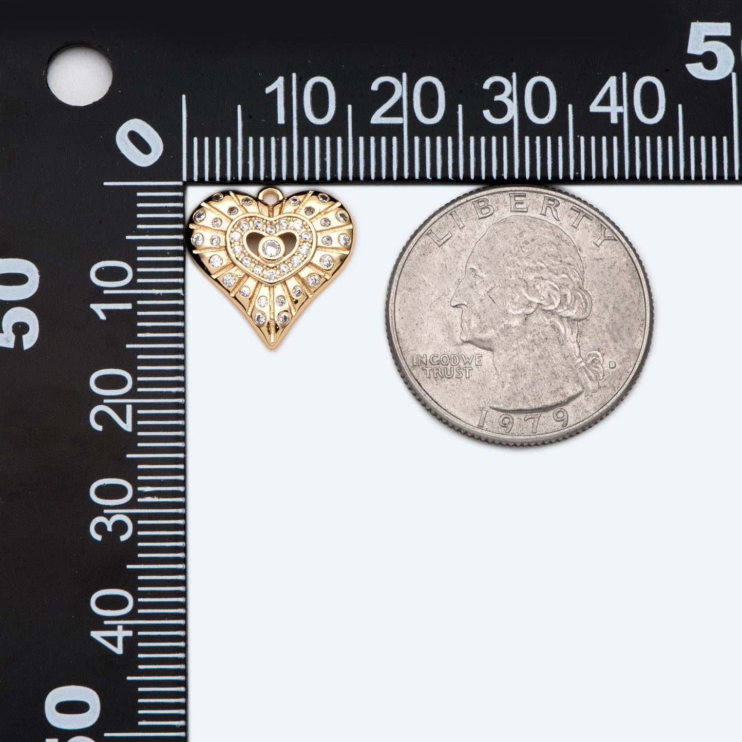 4pcs CZ Pave Gold Heart Pendants: 18K Gold Plated Brass Charms 15mm, (GB-4409-D)