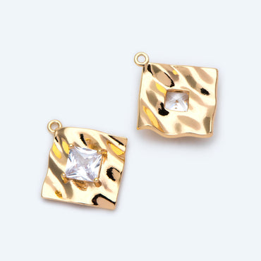 4pcs CZ Pave Square Pendants 22x20mm, Waved Rhombus Geometric Charms (GB-1647)