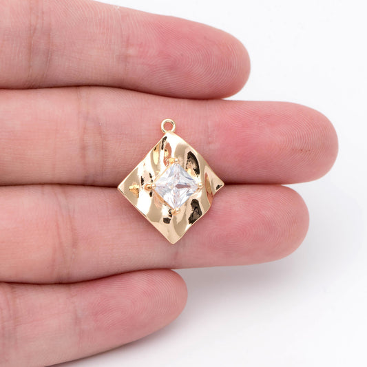 4pcs CZ Pave Square Pendants 22x20mm, Waved Rhombus Geometric Charms (GB-1647)