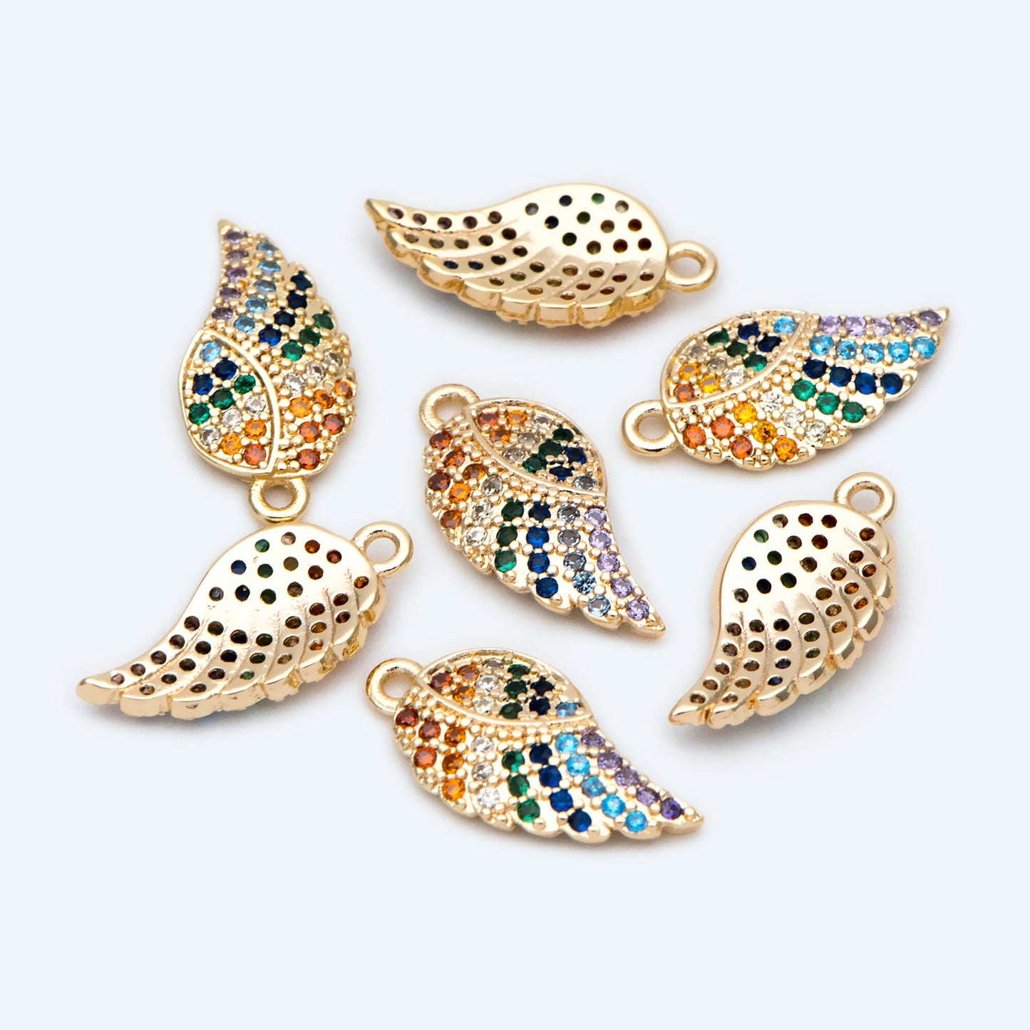 4pcs CZ Pave Gold Wing Charms 16x8mm, 18K Gold plated Brass, Rainbow Wing Pendants (GB-2321)
