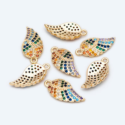4pcs CZ Pave Gold Wing Charms 16x8mm, 18K Gold plated Brass, Rainbow Wing Pendants (GB-2321)