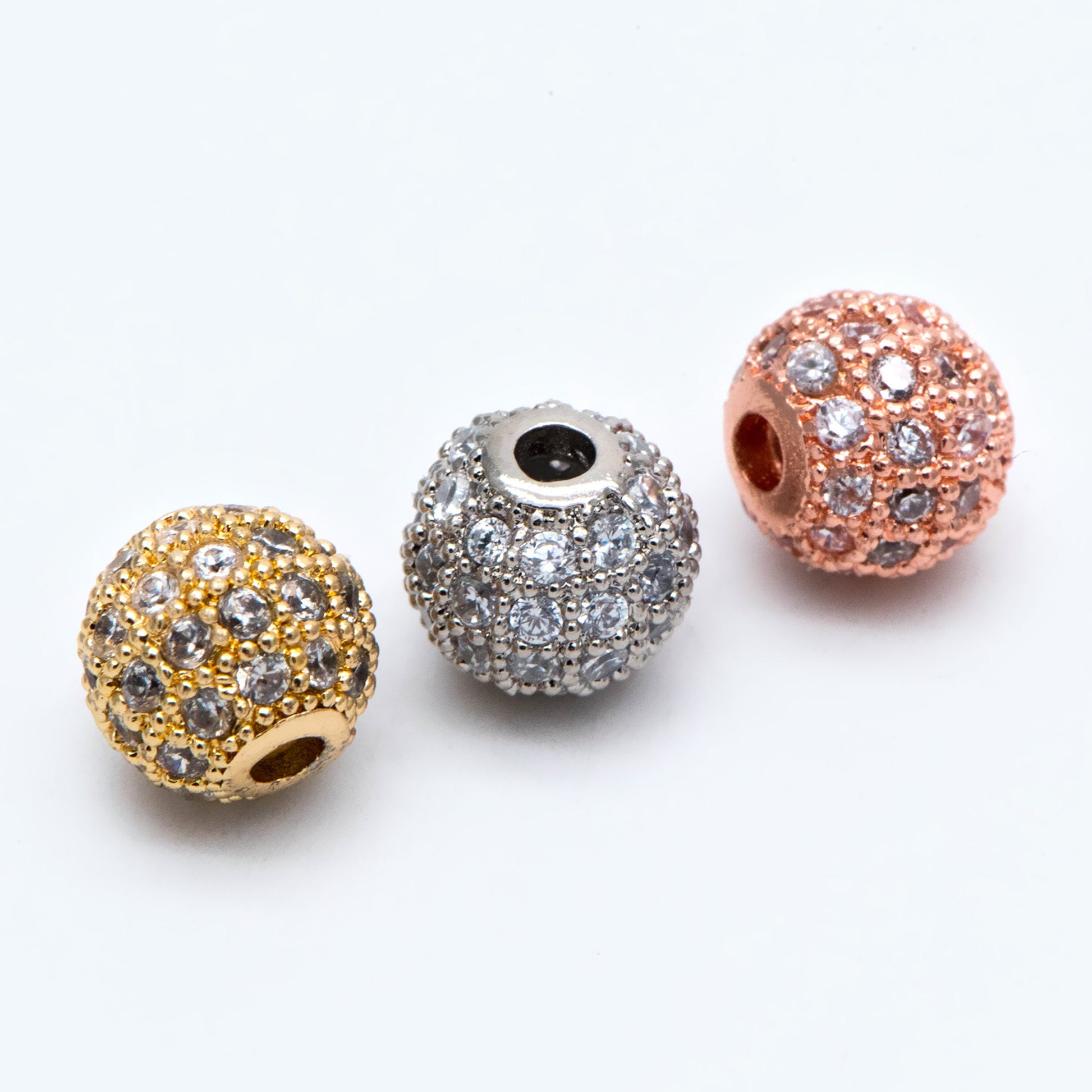 4pcs CZ pave Round Beads 8mm, Gold/ Rhodium/ Rose Gold plated Brass, Big Hole Spacer Beads (GB-2327)