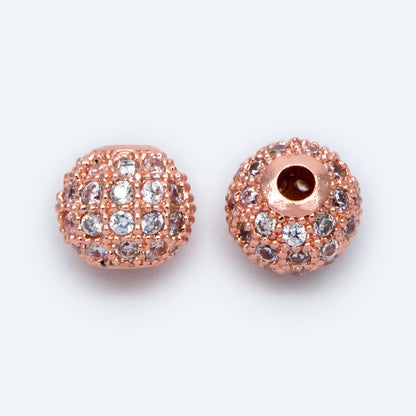 4pcs CZ pave Round Beads 8mm, Gold/ Rhodium/ Rose Gold plated Brass, Big Hole Spacer Beads (GB-2327)