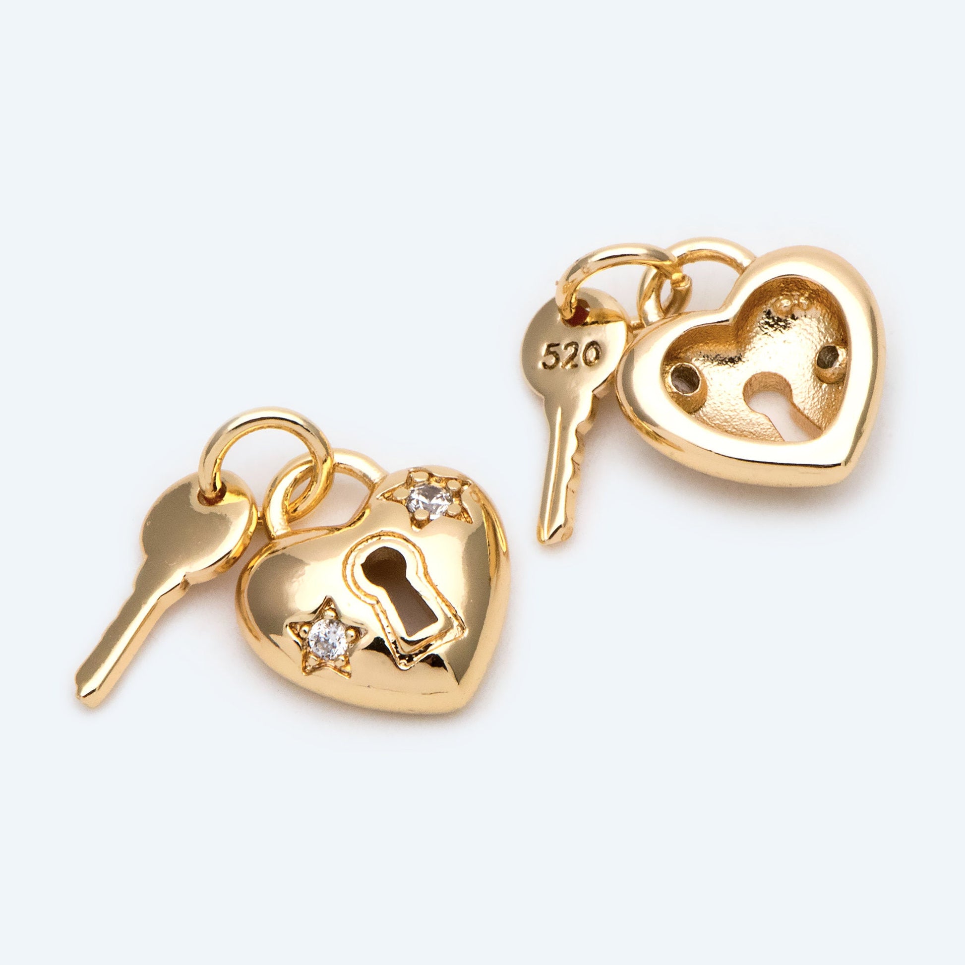 4pcs CZ Pave Gold Lock and Key Charm, Real Gold plated Brass (GB-2425)