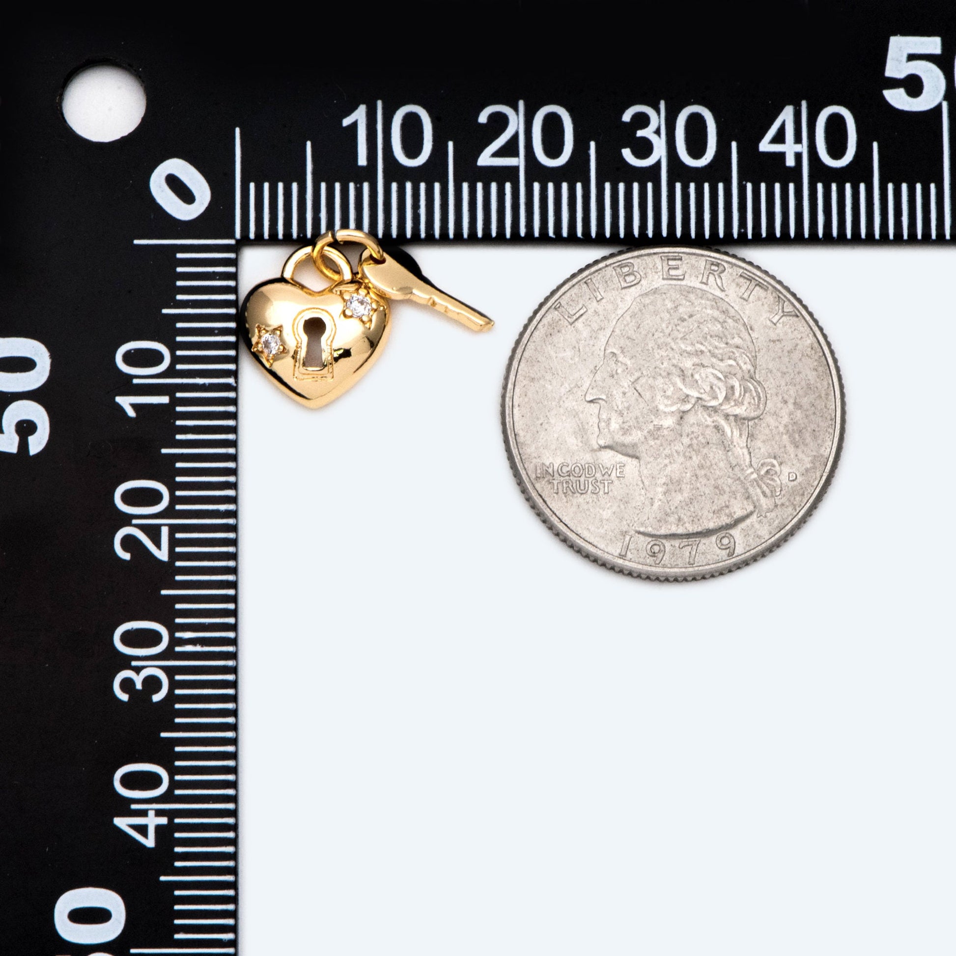 4pcs CZ Pave Gold Lock and Key Charm, Real Gold plated Brass (GB-2425)