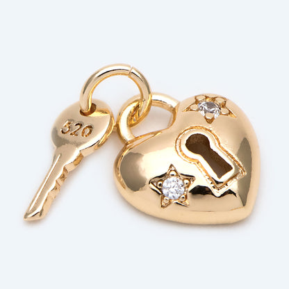4pcs CZ Pave Gold Lock and Key Charm, Real Gold plated Brass (GB-2425)