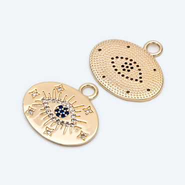 4pcs Gold Evil Eye Charm 22mm, Cubic Zirconia CZ Pave, 18K Gold plated brass, Evil Eye Oval Pendants (GB-1527-P)