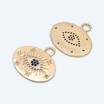 4pcs Gold Evil Eye Charm 22mm, Cubic Zirconia CZ Pave, 18K Gold plated brass, Evil Eye Oval Pendants (GB-1527-P)